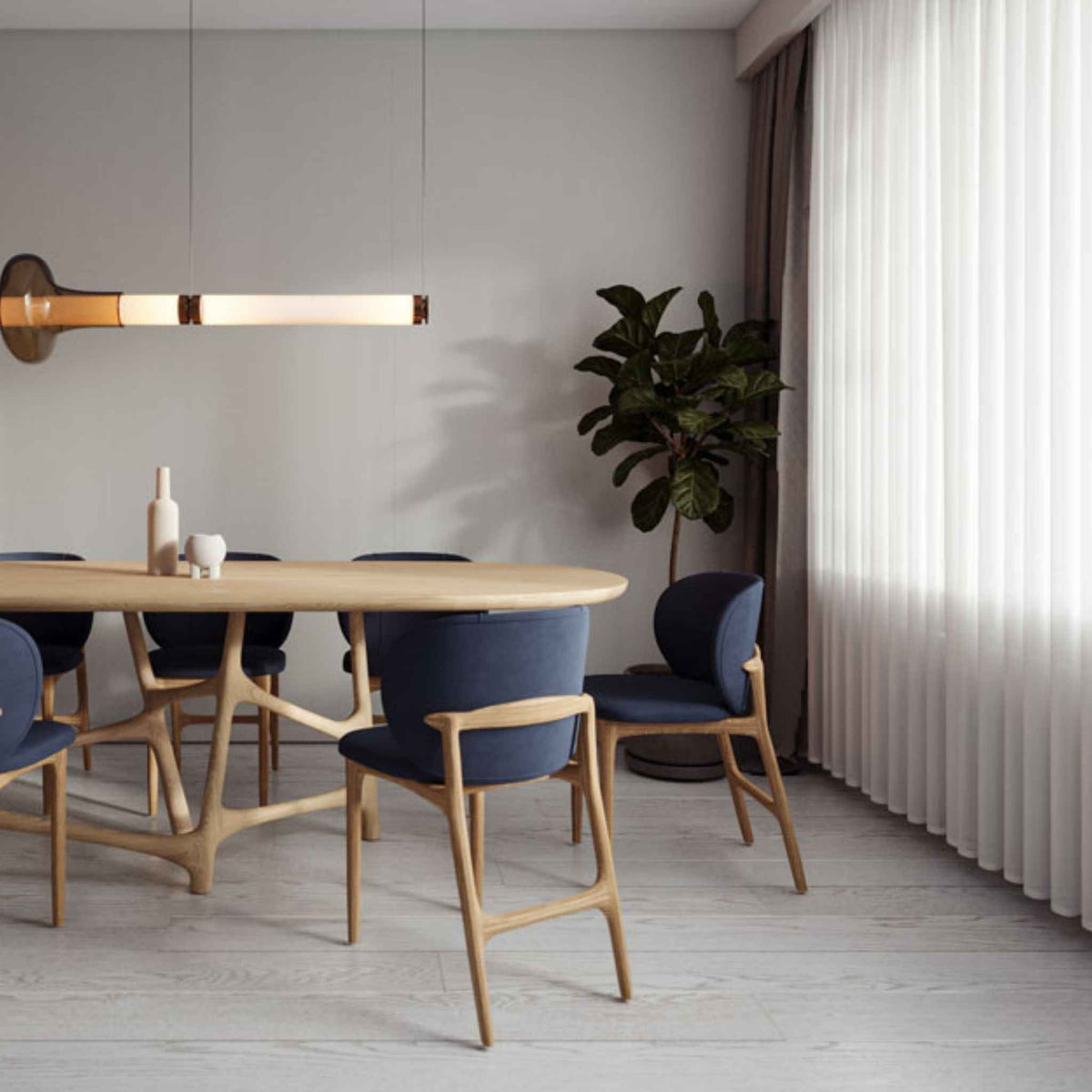 Interior arrangement with chairs and the oval Dom table with a beautiful base, made from solid oak wood