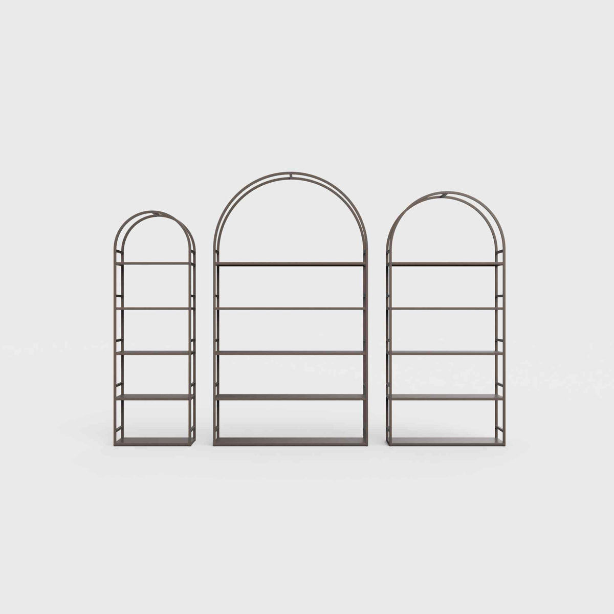 Arched bookcase Arkada, available in Switzerland through ÉTAUDORÉ, made from highest quality powdered coated steel in earth brown color