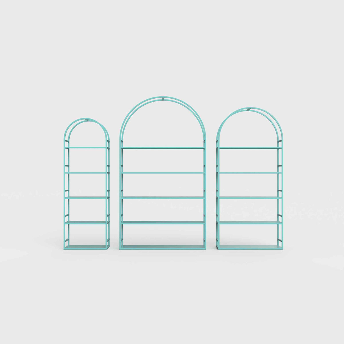 Arched bookcase Arkada, available in Switzerland through ÉTAUDORÉ, made from highest quality powdered coated steel in forget me not blue-green color
