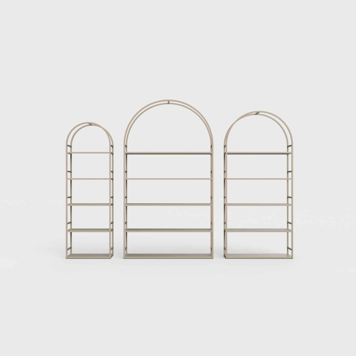 Arched bookcase Arkada, available in Switzerland through ÉTAUDORÉ, made from highest quality powdered coated steel in khaki color