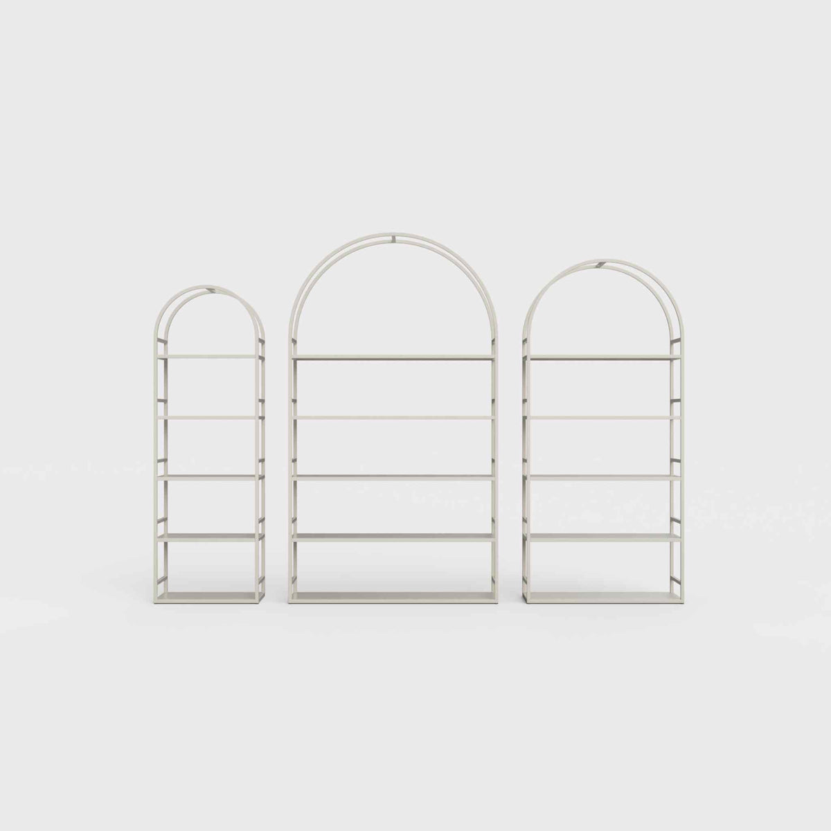 Arched bookcase Arkada, available in Switzerland through ÉTAUDORÉ, made from highest quality powdered coated steel in light beige