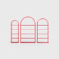 Arched bookcase Arkada, available in Switzerland through ÉTAUDORÉ, made from highest quality powdered coated steel in raspberry color