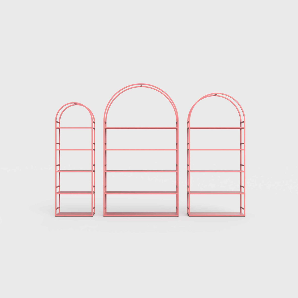 Arched bookcase Arkada, available in Switzerland through ÉTAUDORÉ, made from highest quality powdered coated steel in rose pink color