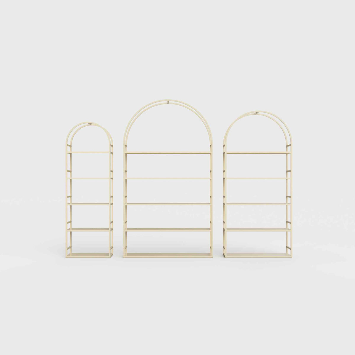 Arched bookcase Arkada, available in Switzerland through ÉTAUDORÉ, made from highest quality powdered coated steel in sand color
