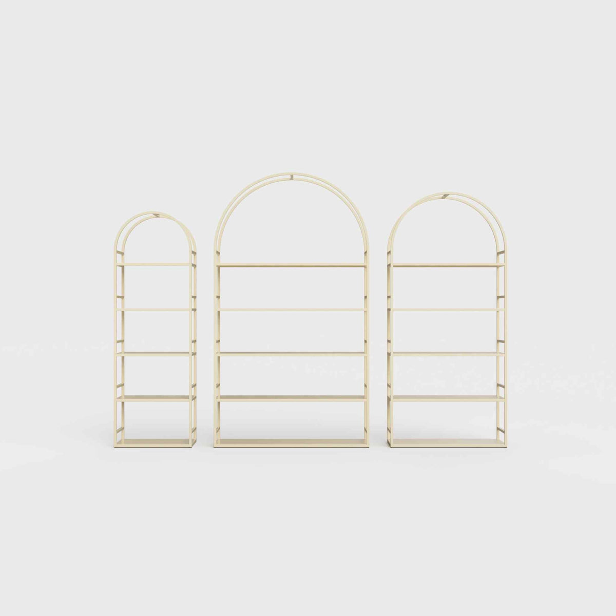 Arched bookcase Arkada, available in Switzerland through ÉTAUDORÉ, made from highest quality powdered coated steel in sand color