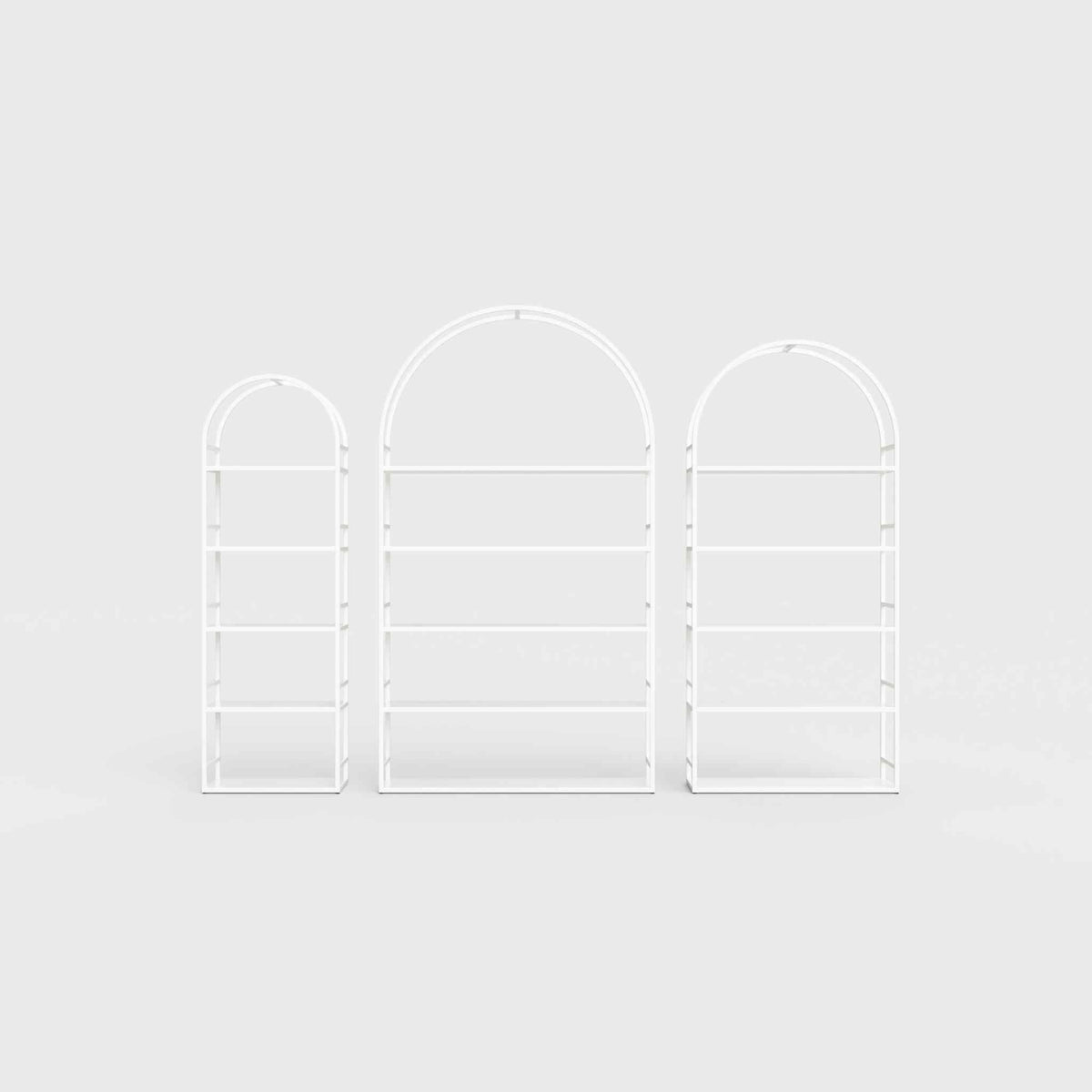 Arched bookcase Arkada, available in Switzerland through ÉTAUDORÉ, made from highest quality powdered coated steel in white