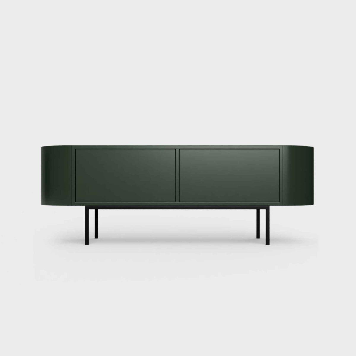 Curved Desiva Enna 01 lowboard in bottle green color steel, available in Switzerland via ÉTAUDORÉ