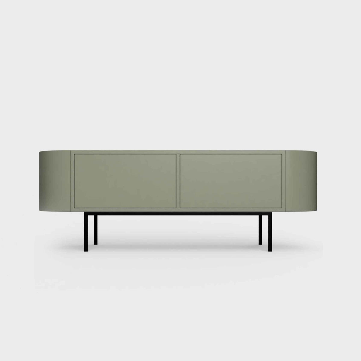 Curved Desiva Enna 01 lowboard in faded olive color steel, available in Switzerland via ÉTAUDORÉ