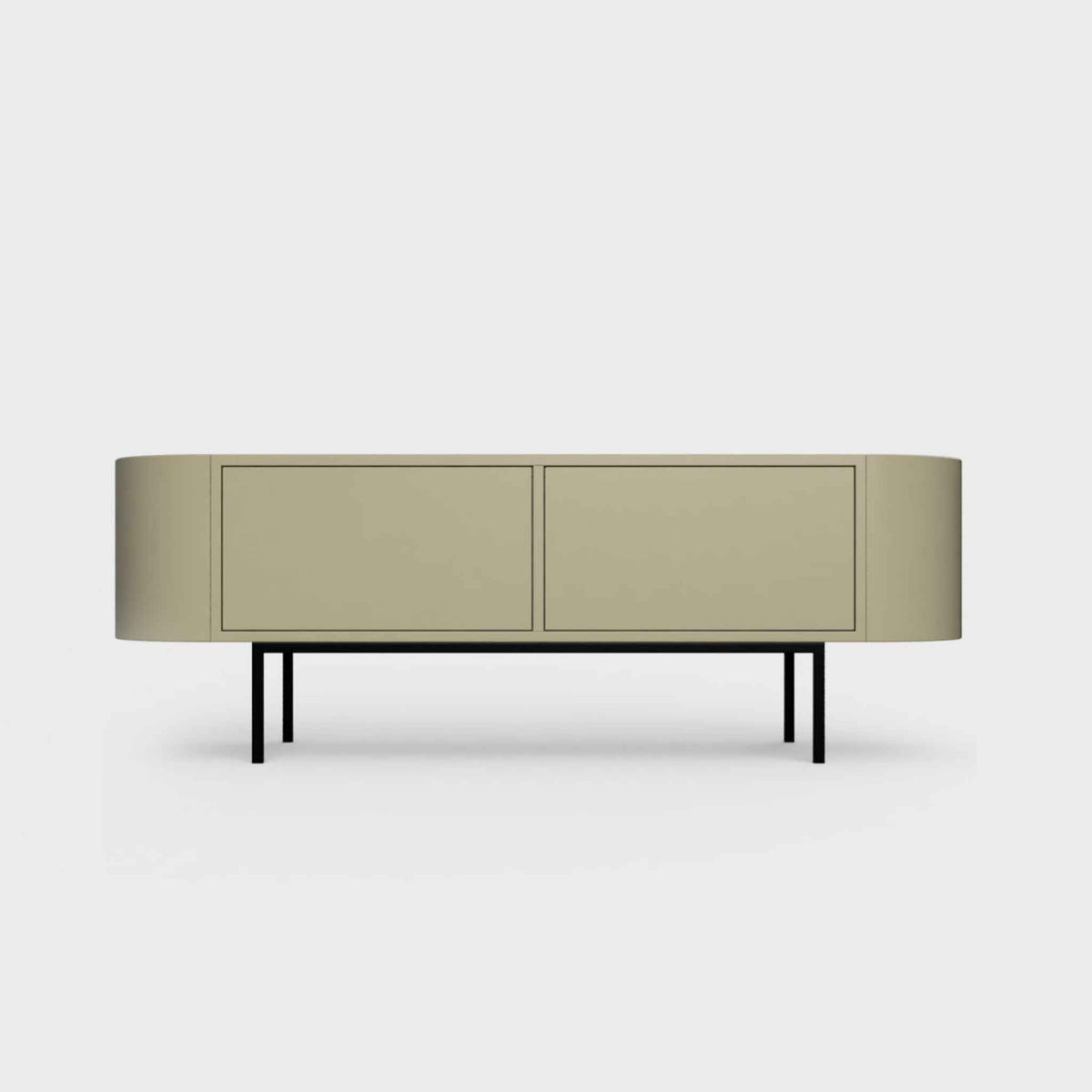 Curved Desiva Enna 01 lowboard in light olive color steel, available in Switzerland via ÉTAUDORÉ