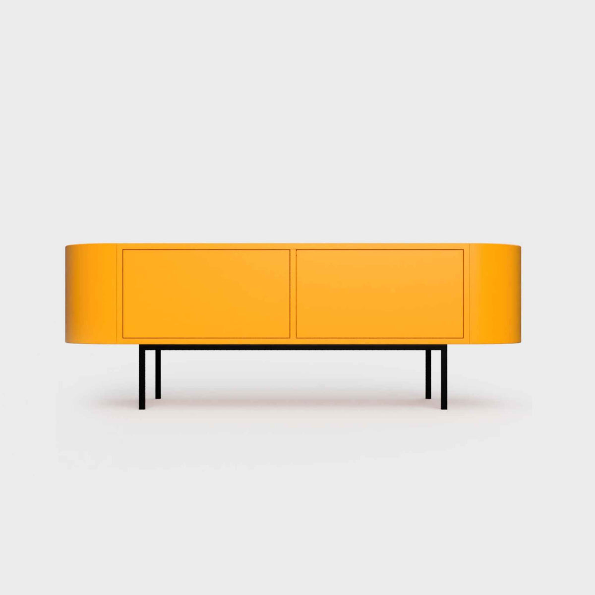 Curved Desiva Enna 01 lowboard in orange color steel, available in Switzerland via ÉTAUDORÉ