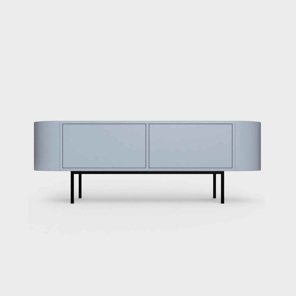 Curved Desiva Enna 01 lowboard in pigeon blue color steel, available in Switzerland via ÉTAUDORÉ