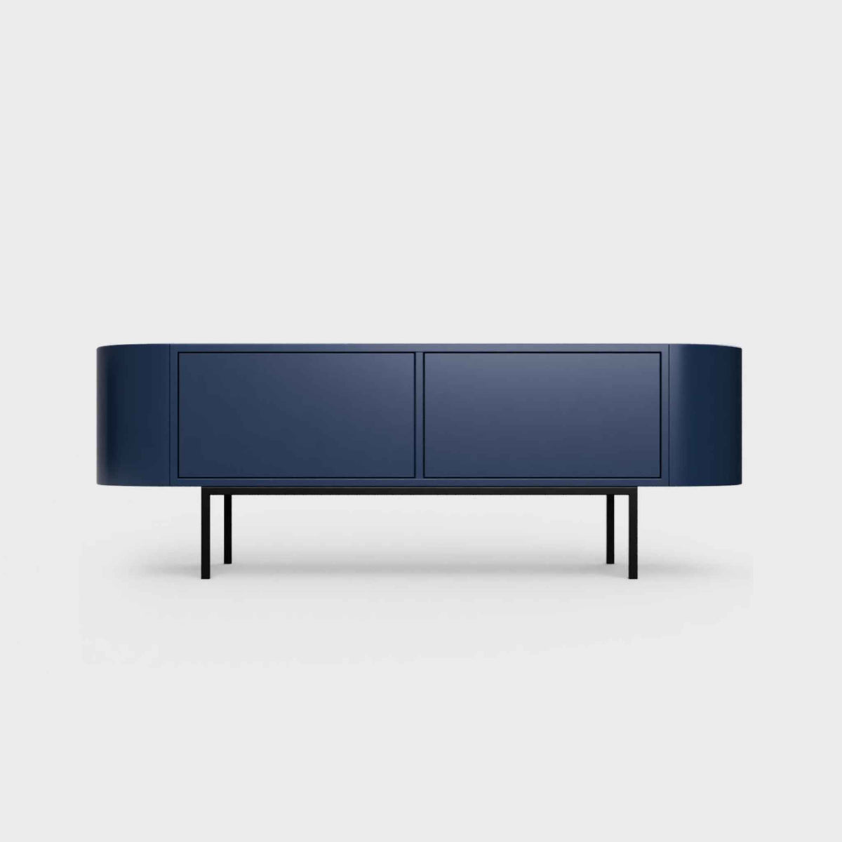 Curved Desiva Enna 01 lowboard in prussian blue color steel, available in Switzerland via ÉTAUDORÉ