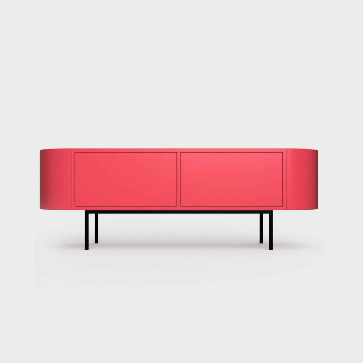 Curved Desiva Enna 01 lowboard in raspberry pink color steel, available in Switzerland via ÉTAUDORÉ