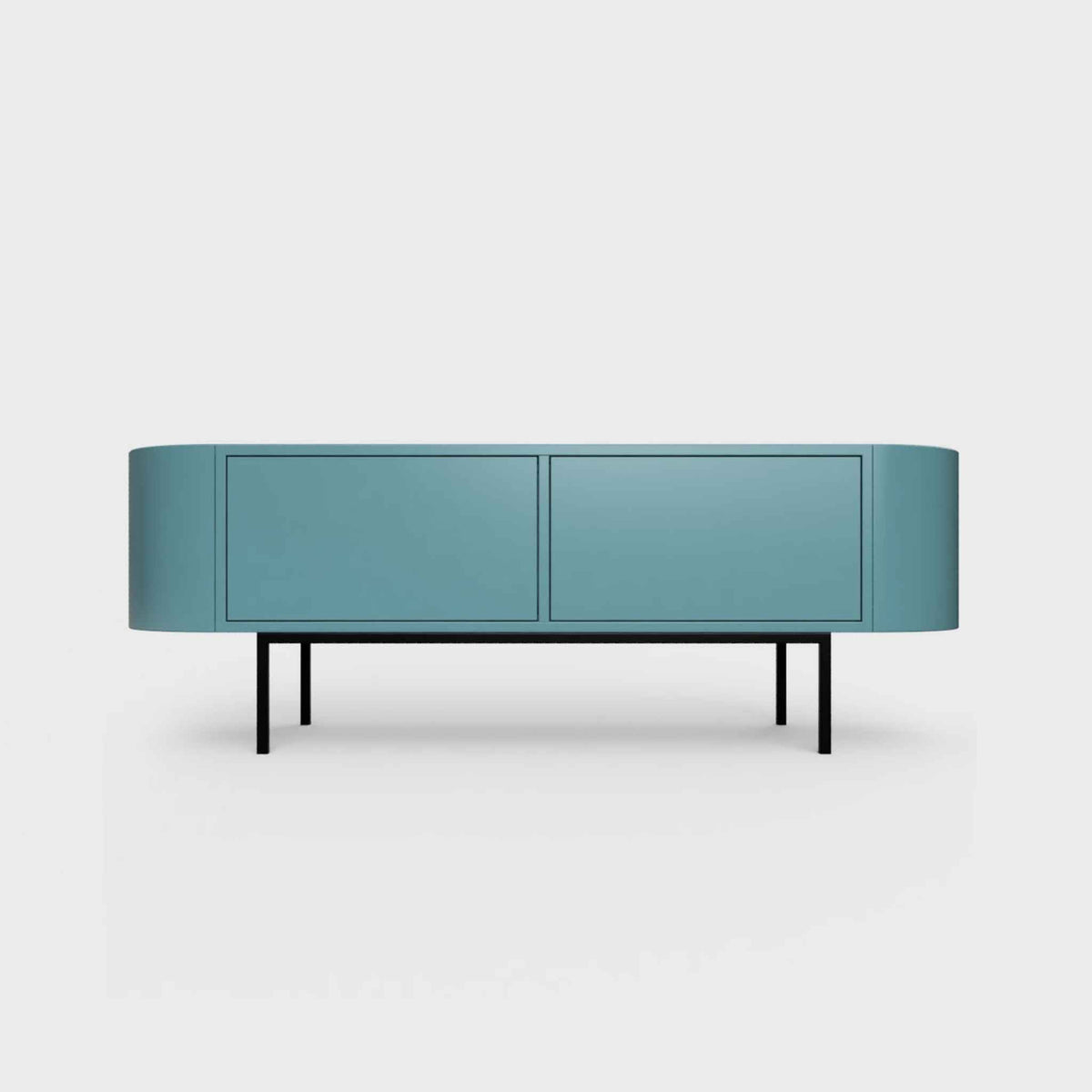 Curved Desiva Enna 01 lowboard in turquoise blue-green color steel, available in Switzerland via ÉTAUDORÉ