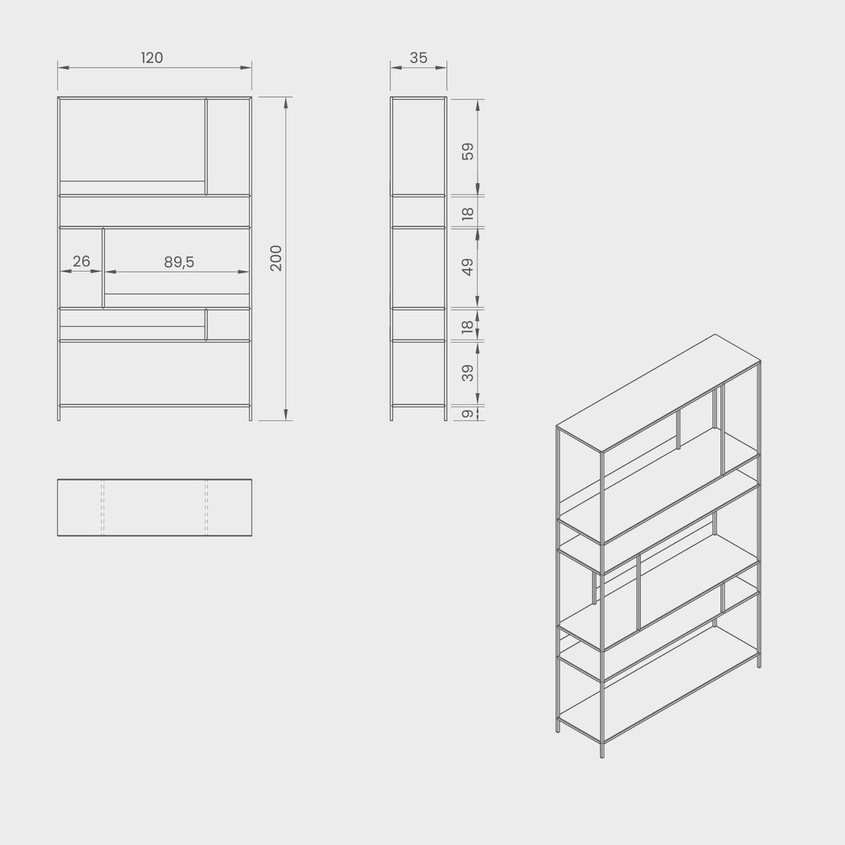 Dimensions of the ÉTAUDORÉ Floks 01 powder coated steel bookcase