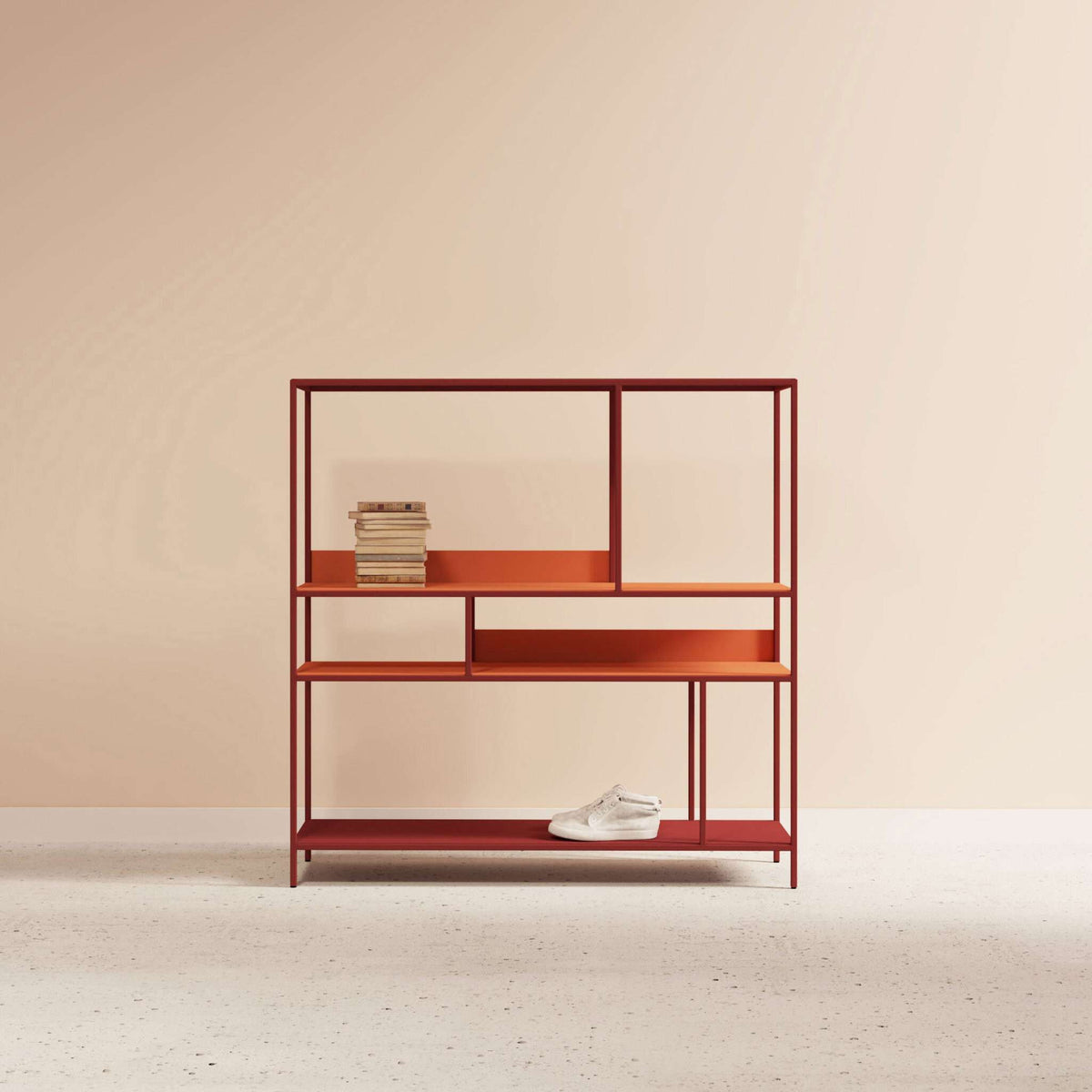 Interior arrangement with the ÉTAUDORÉ DESIVA shelving unit made from highest quality powder coated steel in brick color