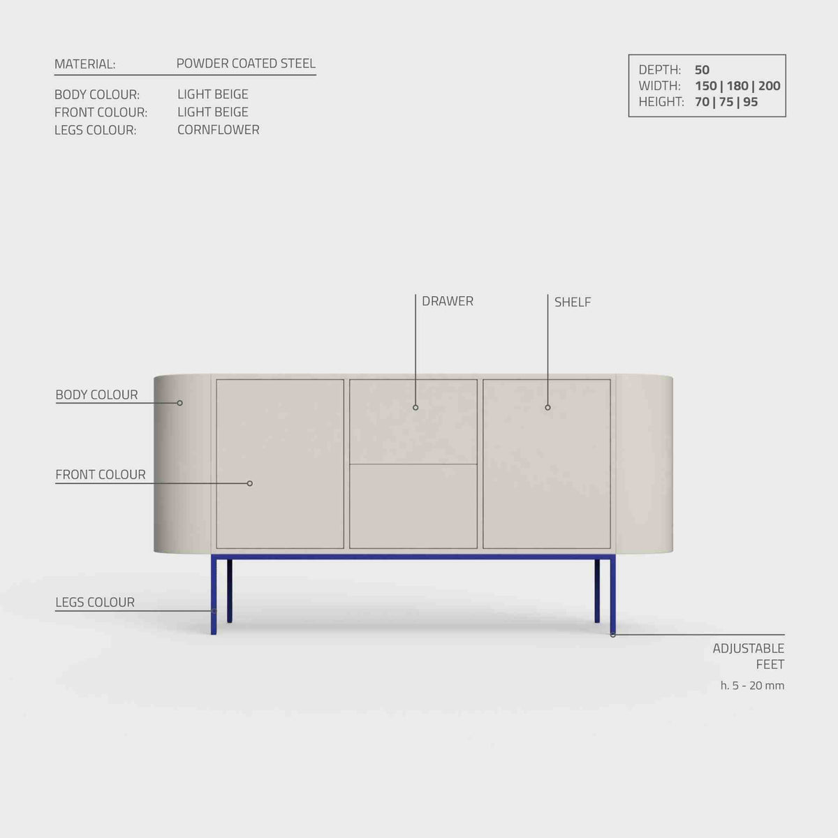 ÉTAUDORÉ Desiva Lumia 01 steel rounded sideboard specifications