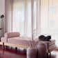 Cozy showroom scene: ÉLANDE Daybed in oak with Mare 10 fabric and the ÉTAUDORÉ cat lounging on top