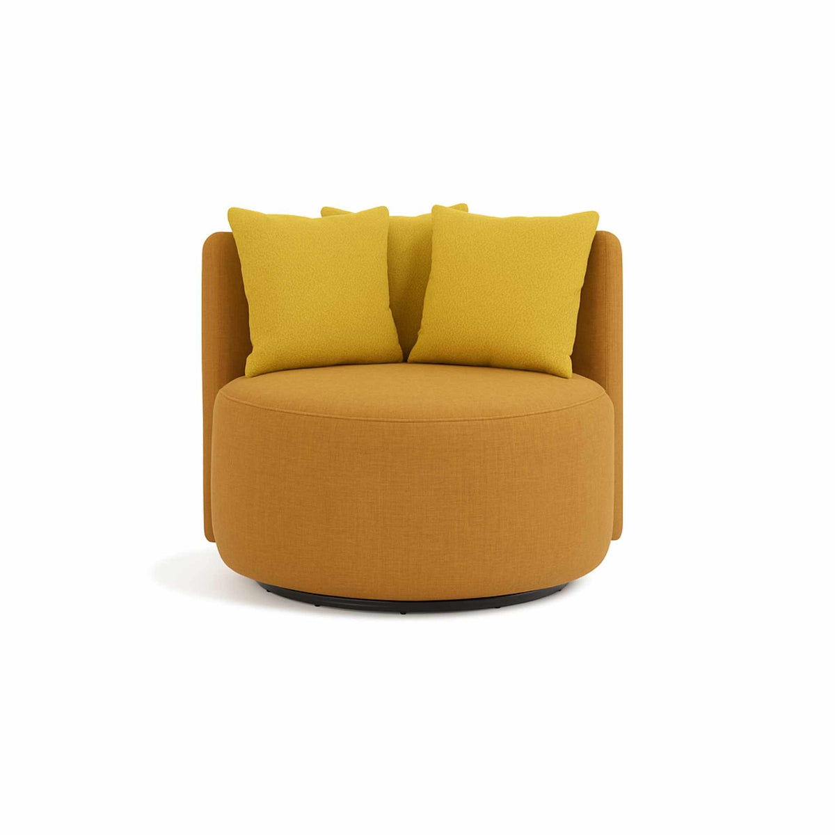 ÉTAUDORÉ Isola Armchair with swivel base – front view - faded orange body, lime pillows