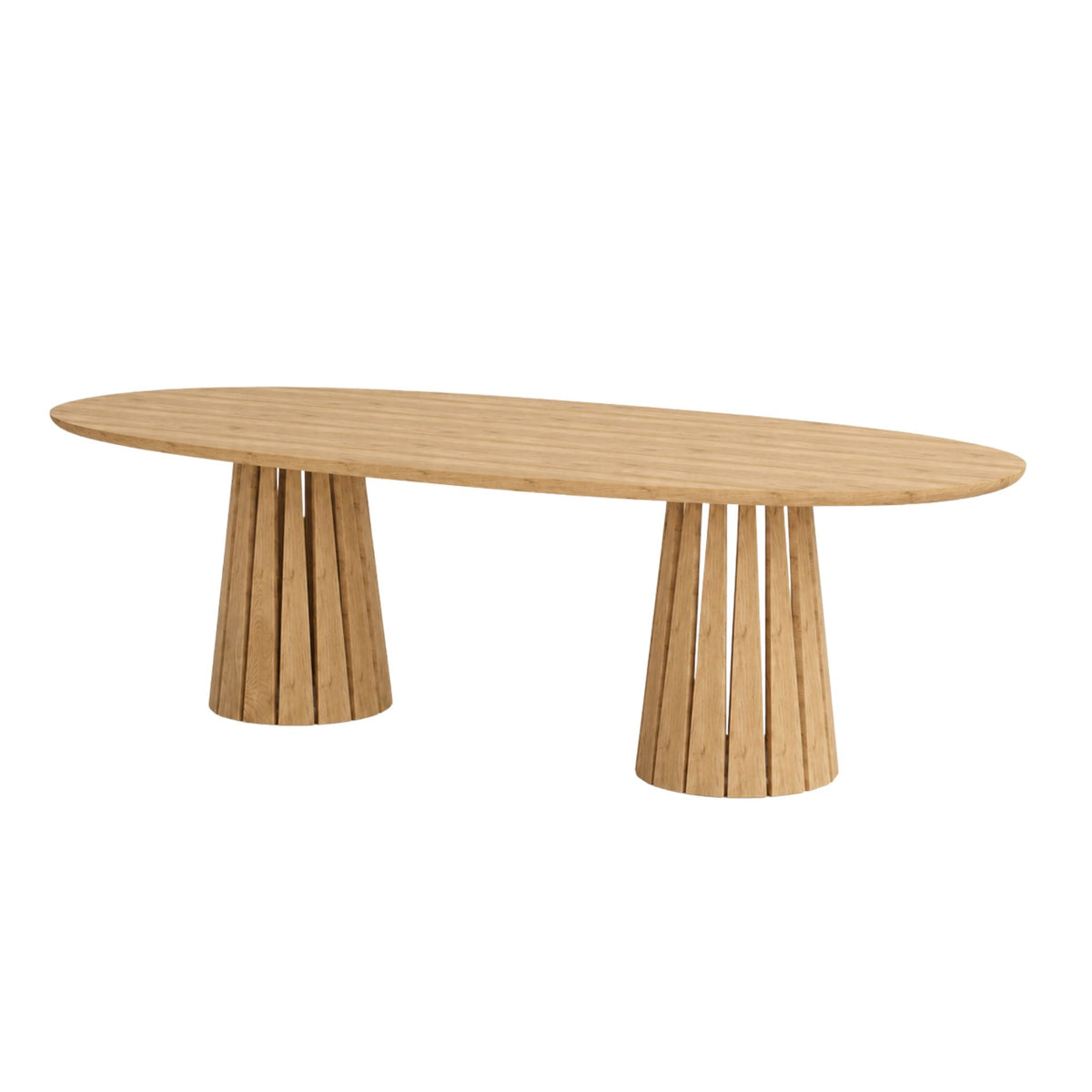 Side angle view of the ÉTAUDORÉ Noemi Rounded Oval Table in solid oak wood, designed in collaboration with Noemi Gwalter Rubino