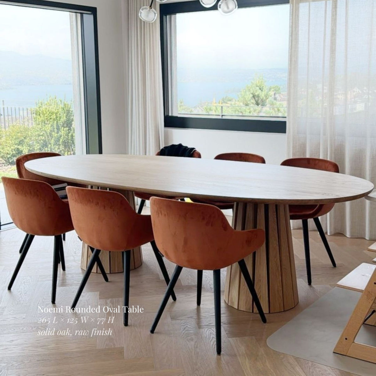 ÉTAUDORÉ Noemi Rounded Oval Table made from solid oak wood in raw finish, in Noemi Rubino's home
