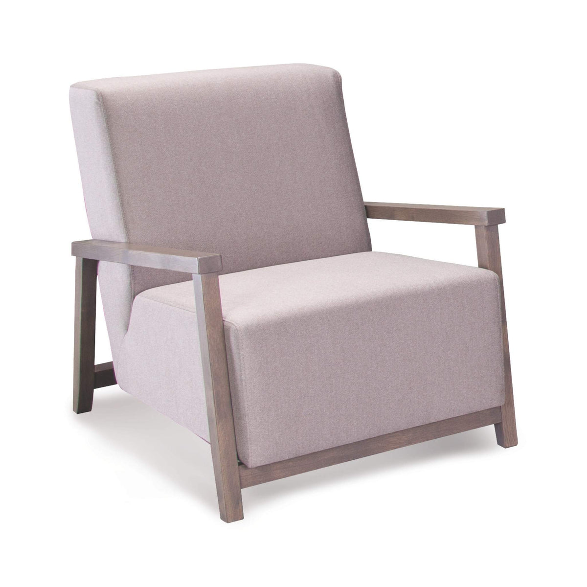 ÉTAUDORÉ Reuss armchair front angle view with minimalist geometric upholstery and solid beech wood armrests.