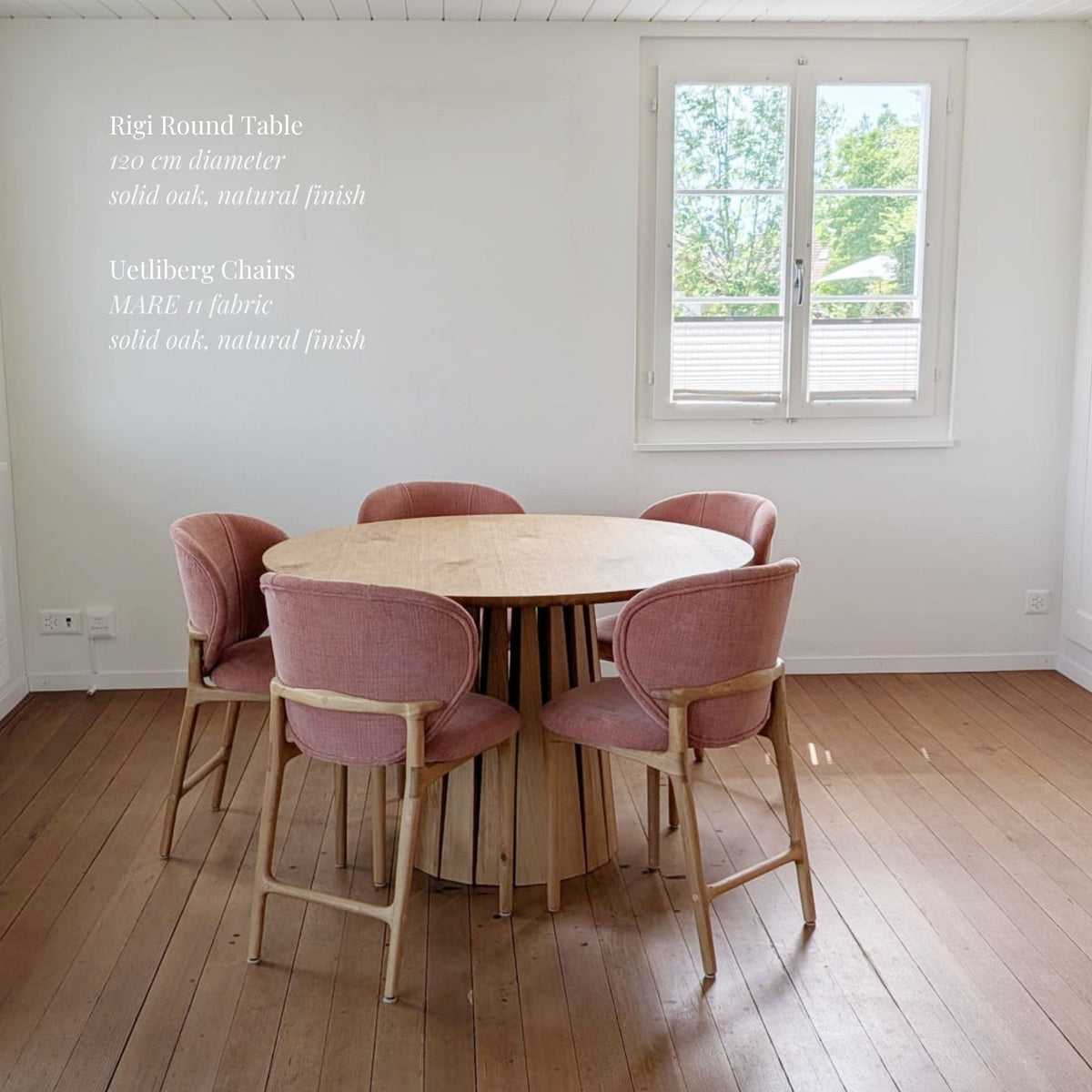 Rigi Round Table in solid oak in natural finish , together with Uetliberg chairs in natural finish and MARE 11 fabric