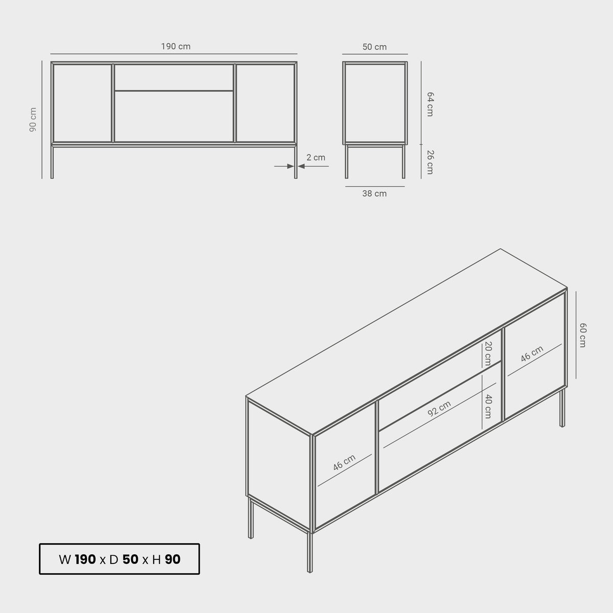 Arnika 02 Sideboard dimensions, powder-coated steel, elegant and modern piece of furniture for your living room