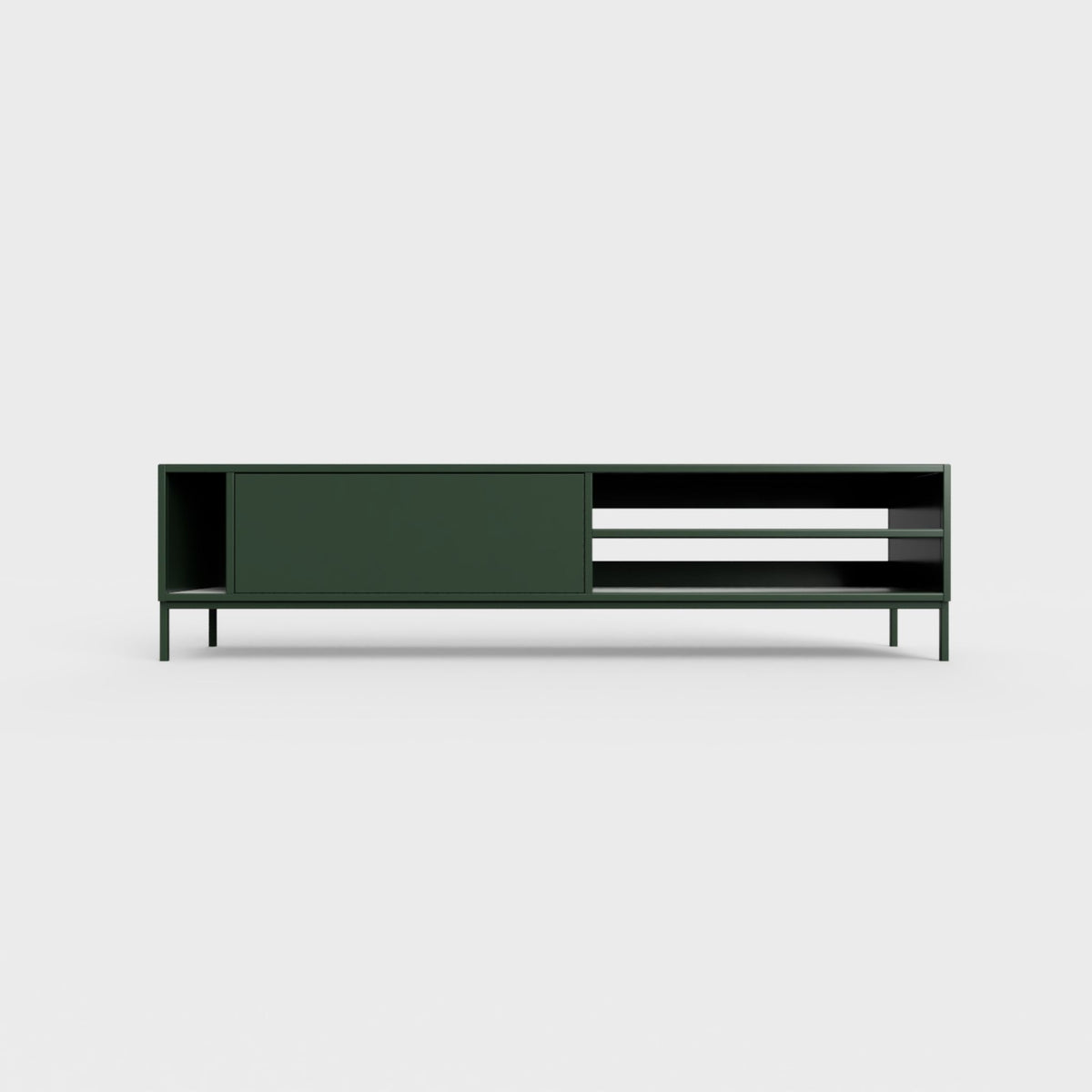 Prunus 03 Lowboard in bottle green color, powder-coated steel, elegant and modern piece of furniture for your living room