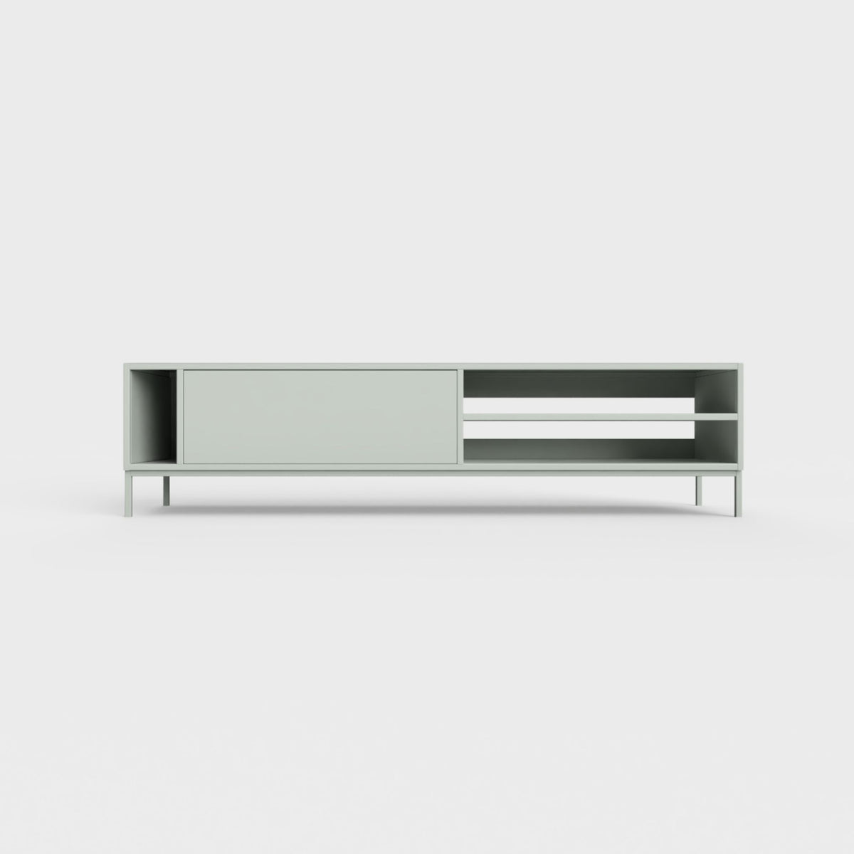 Prunus 03 Lowboard in light matcha green color, powder-coated steel, elegant and modern piece of furniture for your living room